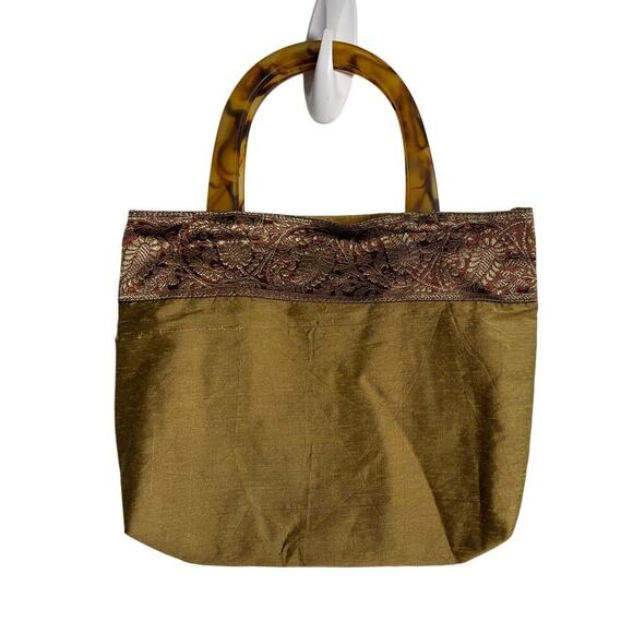 Gold Purple Paisley Tortoise Shell Handle Fabric Tote Purse - Picture 1 of 3